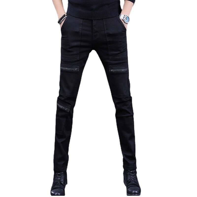 Осенние черные джинсы на молнии, мужские облегающие прямые брюки с несколькими карманами, уличная одежда, повседневные Стрейчевые джинсовые брюки