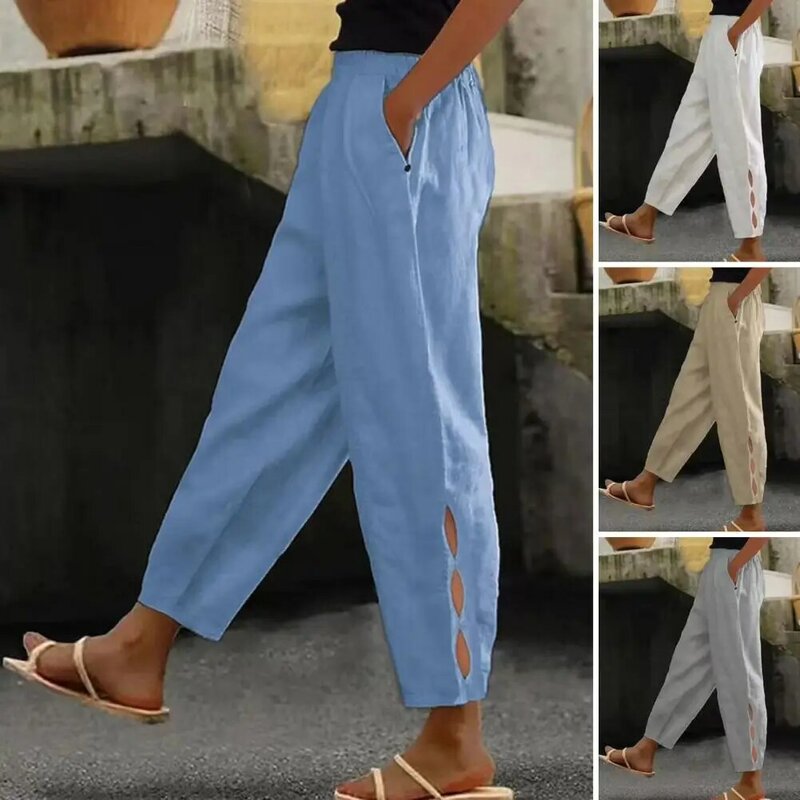 Pantalones de verano de Color liso para mujer, pantalones con cintura elástica, ajuste de tiro medio, diseño hueco lateral, Color sólido, informal