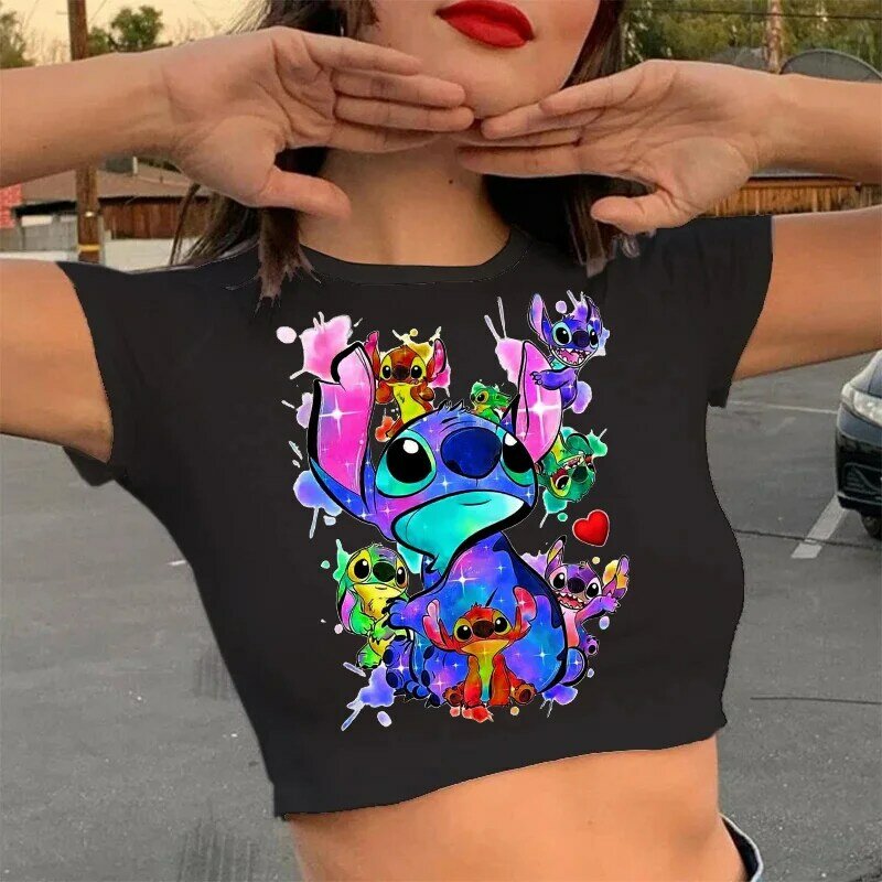 Disney-Women's Lilo and Stitch Funny T-Shirt, T gráfico cortado, Streetwear feminino, Top Recortado, Gótico, Novo