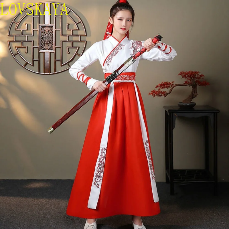 Hanfu ชุดแฟนซีหญิงชุดจีนโบราณคอสเพลย์ฮานฟูสไตล์การต่อสู้สำหรับผู้ใหญ่และชาย