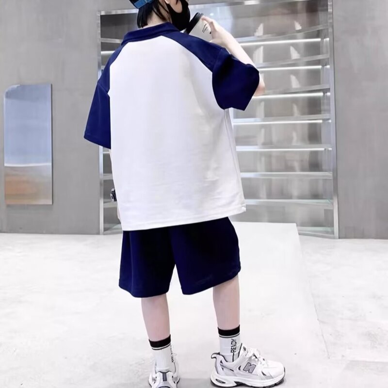 New Summer Boys Sets Korean High Street Fashion Kids lapel T-shirt Shorts 2 Piece Set High Quality Children's Sports Suits 2024