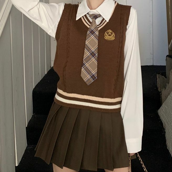 여성용 니트 조끼 셔츠 플리츠 스커트 3 종 세트, 일본 한국 대학 JK 유니폼 정장, 미국 대학 스타일 교복 세트