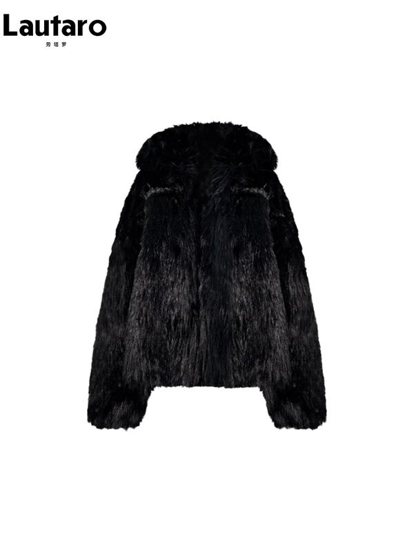 Lautaro 여성용 턴다운 칼라 푹신한 재킷, 부드럽고 두껍고 따뜻한 블랙 하리 인조 모피 코트, 멋진 오버사이즈 캐주얼, 겨울 2023
