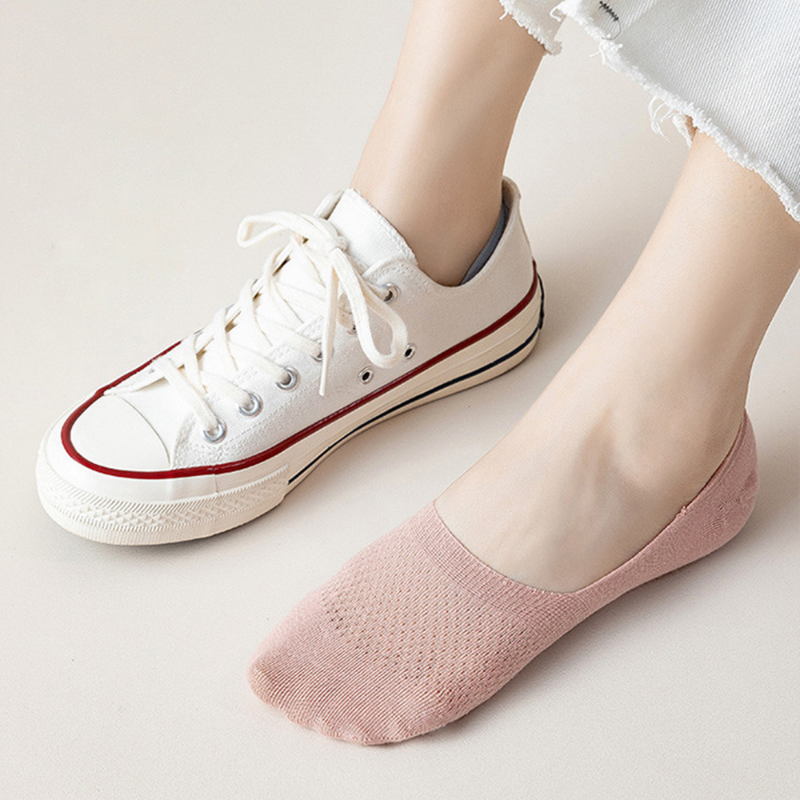 ถุงเท้าแผ่นซิลิโคนใสลำลองบางสำหรับผู้หญิง, 5คู่ถุงเท้าผ้าฝ้ายระบายอากาศถุงเท้าข้อต่ำระบายอากาศได้ดีถุงเท้าผู้หญิงฮาราจูกุ