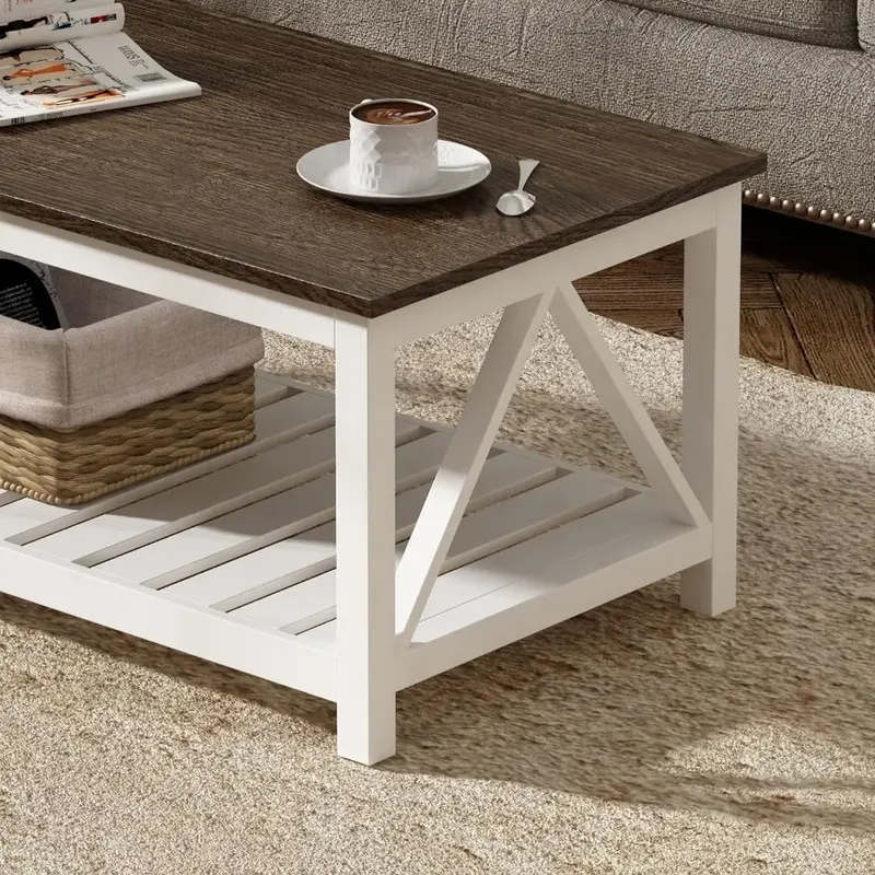 농가 커피 테이블 거실 가구, 흰색 소박한 빈티지 거실 테이블, 선반 포함, 럭셔리 디자인, 47