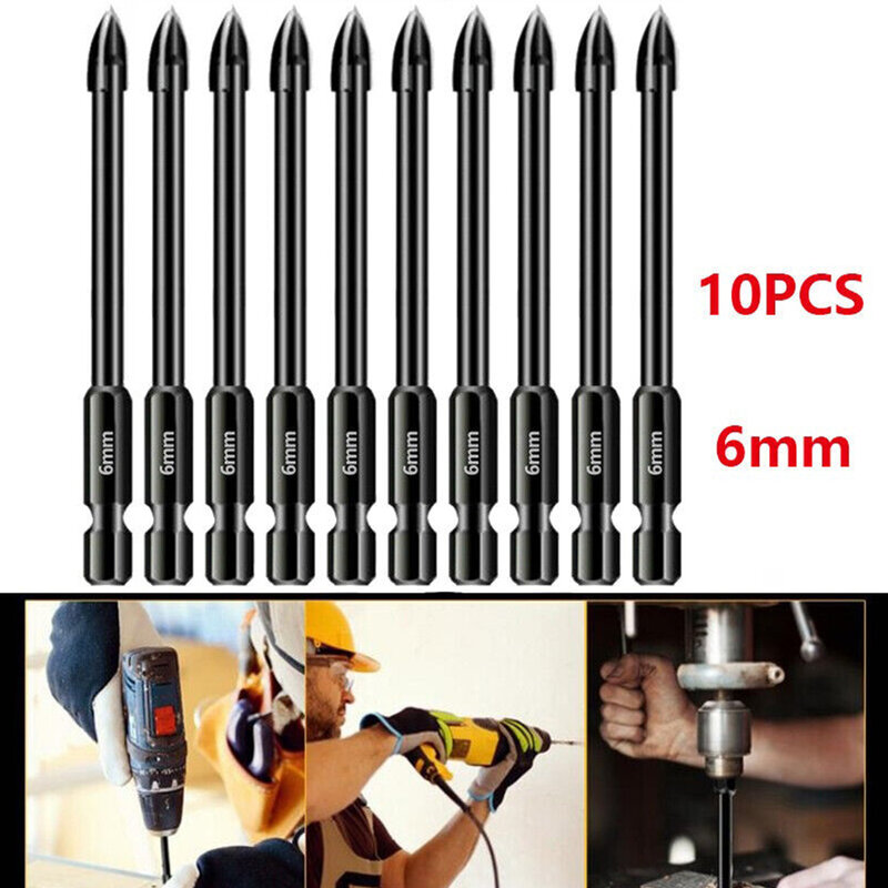 10pc 6mm Cross Spear Head Drill Bit Tungsten Carbide Hex Shank For Tile Porcelain Marble Ceramic Glass Brick Drilling Power Tool