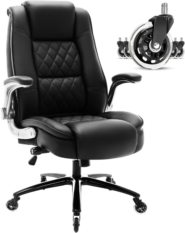 High Back Office Chair- Flip Arms Adjustable Built-in Lumbar Support, Executive Computer Desk Chair Work Chairs