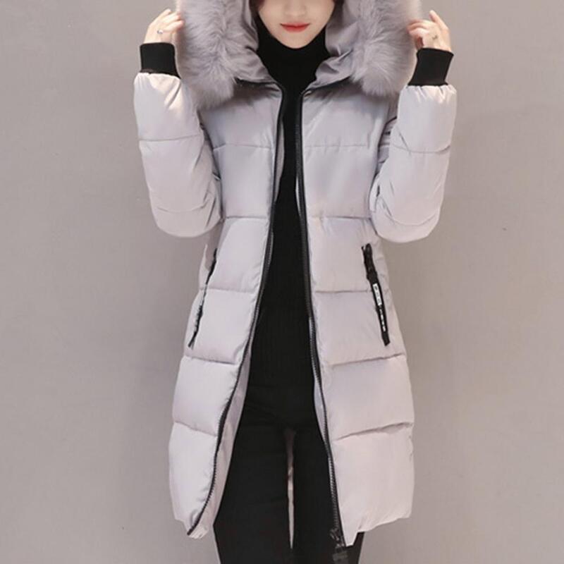Casaco de gola de pele sintética feminino, casaco de algodão quente, bolsos com zíper, slim fit, inverno