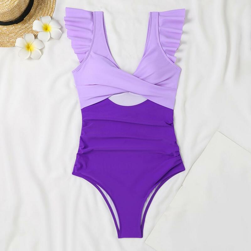 Glatte Monokini stilvolle einteilige Badeanzüge für Frauen V-Ausschnitt Bauch Kontrolle hohe Taille Badeanzug mit Ausschnitt Design Patchwork