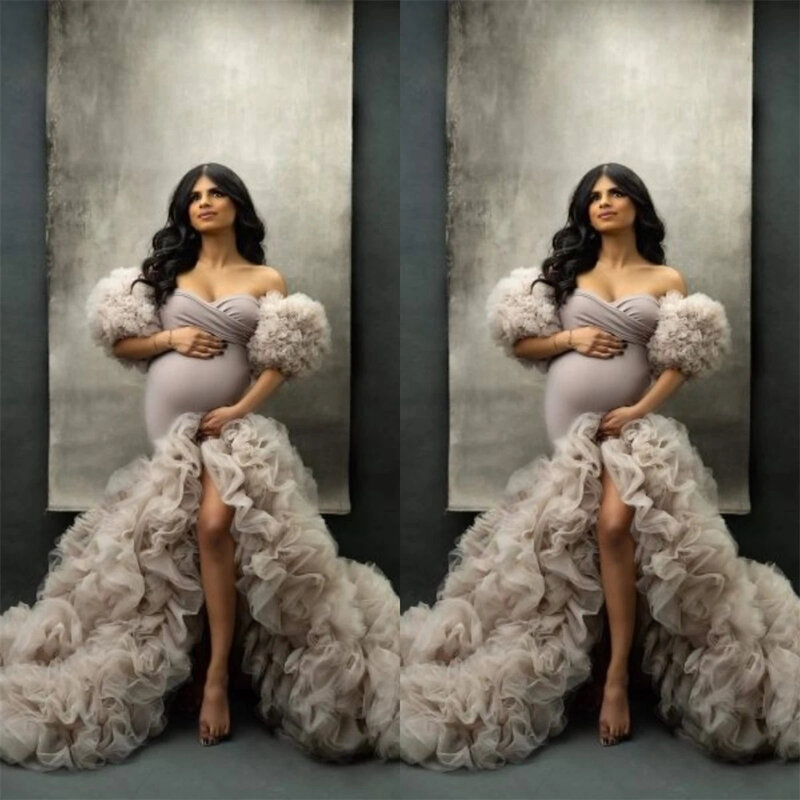 Personalizado alta fenda baile vestidos com babados, Maternidade Robes para Photo Shoot, Sereia vestidos de noite para a fêmea grávida