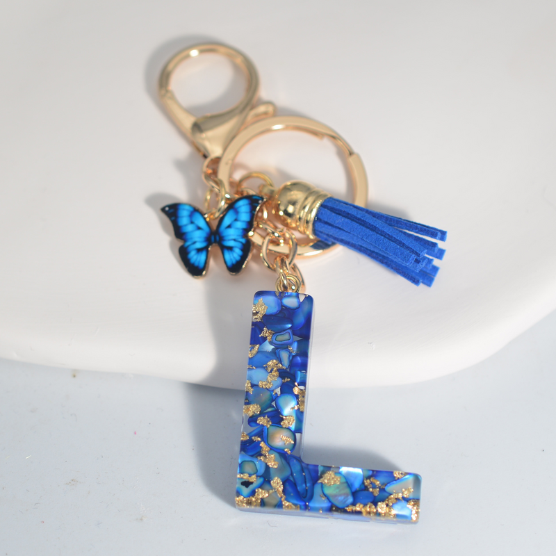 Exquisite Blue Glazed Stone A to Z Resin Keychain 26 Initials Butterfly Tassel Pendant Keyring for Women Men Car Key Holder Gift