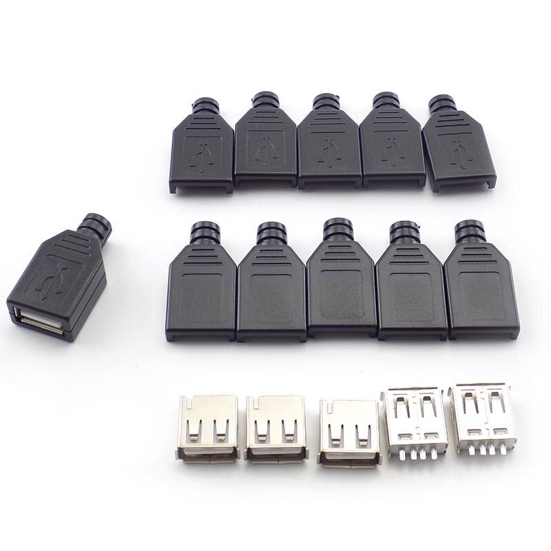 USB 2.0 macho e fêmea 4 pinos soquete adaptador, conector de solda com tampa plástica preta, plugue DIY, tipo A, 1 pc, 5 pcs, 10pcs