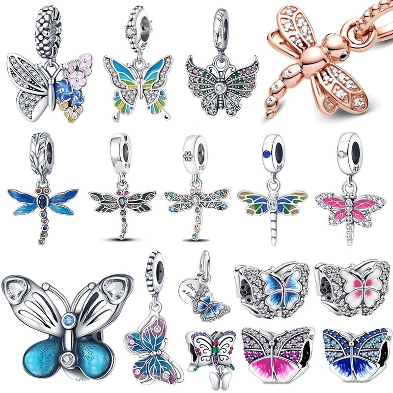 Breloques papillon libellule en argent regardé 925 pour femme, perles pendantes, convient au bracelet Pandora original, cadeau de bijoux pendentif, nouveau, 2022