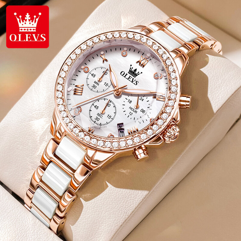 OLEVS นาฬิกาผู้หญิงสวยงาม, นาฬิกาควอตซ์พื้นผิวกระจกปริซึมนาฬิกาของขวัญโครโนกราฟสร้อยข้อมือนาฬิกาสำหรับผู้หญิงกันน้ำ