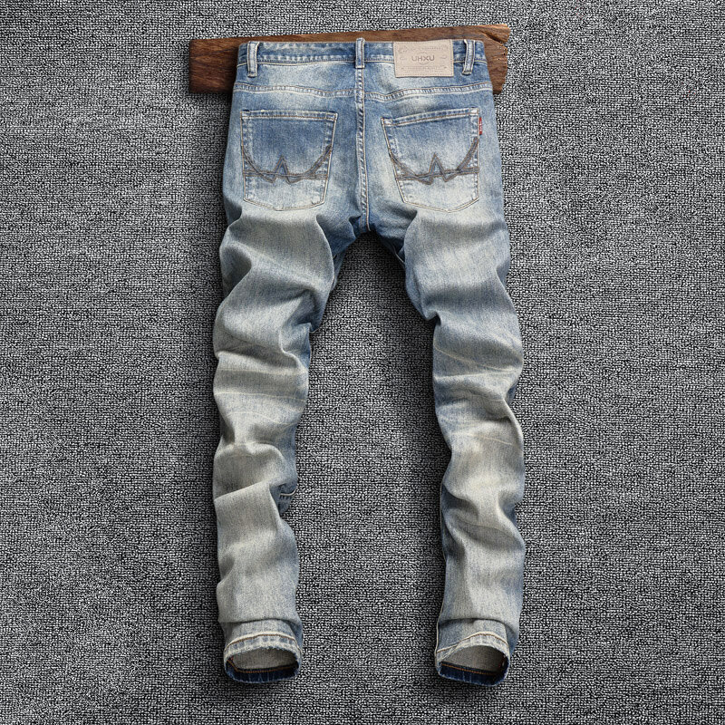 Włoski modne dżinsy męskie wysokiej jakości niebieskie w stylu Retro Slim Fit Stretch porwane jeansy męskie spodnie Vintage Designer spodnie dżinsowe Hombre