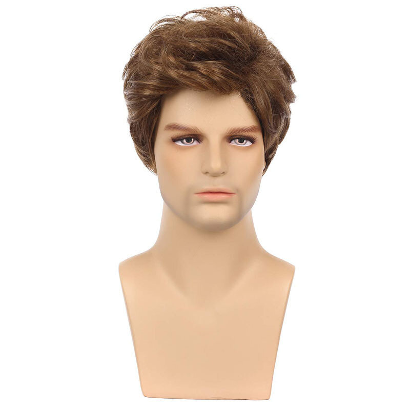 Synthetic Short Brown Curly Wig With Bangs For Men Heat-resistant Cosplay Daily Party Fake Hair