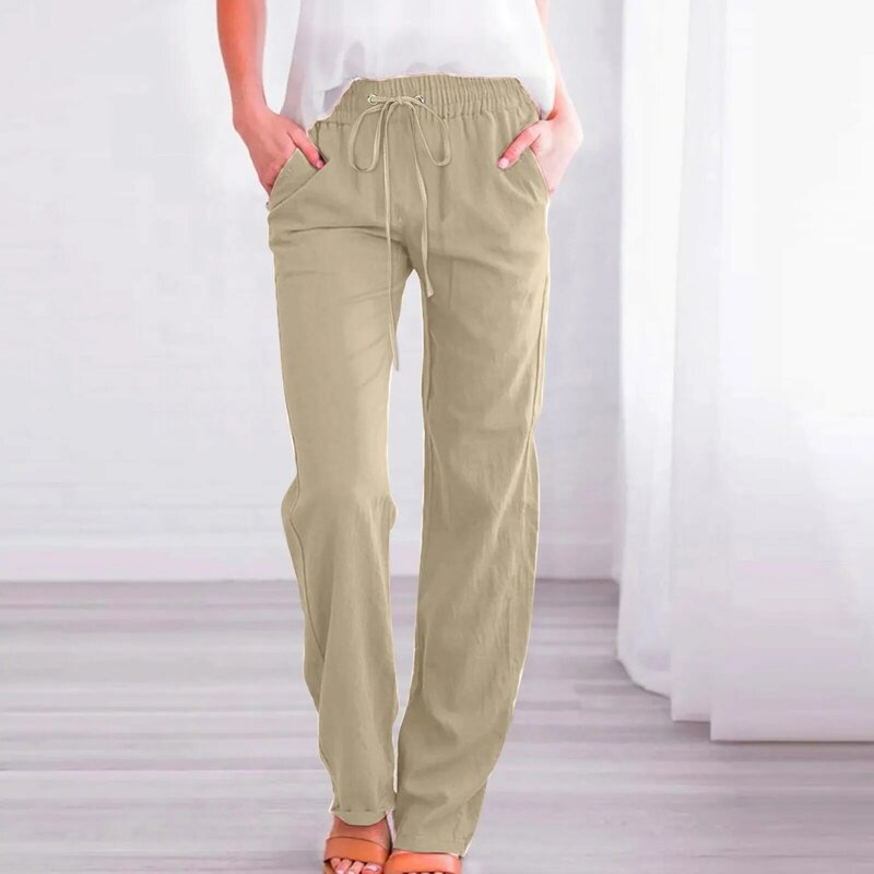 กางเกงฝ้ายลินินเอวสูงขากว้างแบบมีเชือกผูกเอวสีทึบกางเกงลำลองทรงตรงสำหรับผู้หญิง