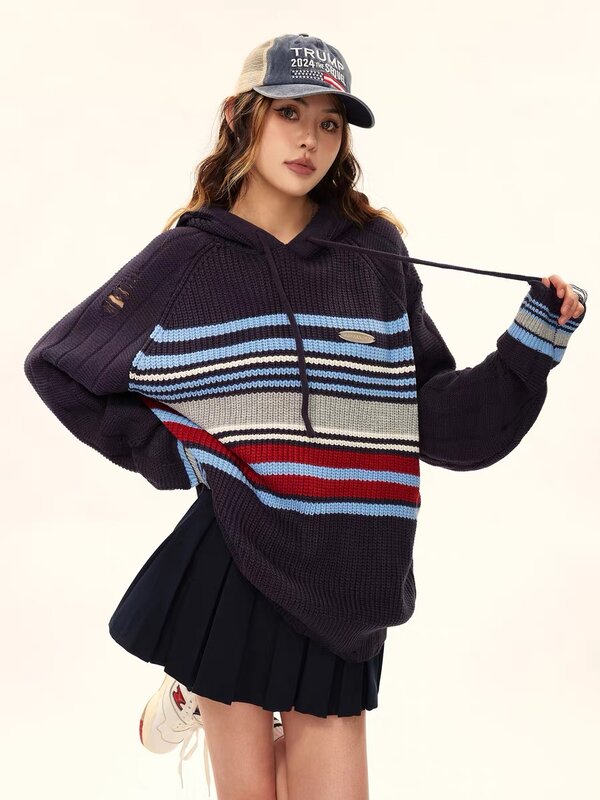 American Striped Pullover Sweaters Autumn Warm Sportswear Streetwear Cozy Sweater Fashion 2023 New Sweater