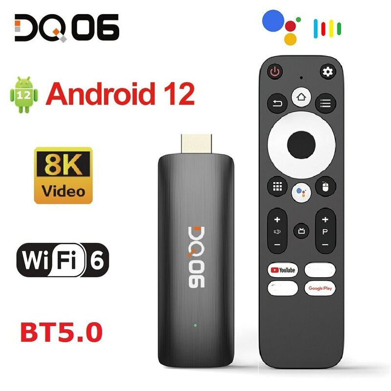 DQ06 ATV Mini TV Stick, Android 12, Allwinner H618, Quad Core, Cortex A53, suporte a vídeo 8K, 4K, WiFi 6, BT, controle remoto de voz, Smart TV Box