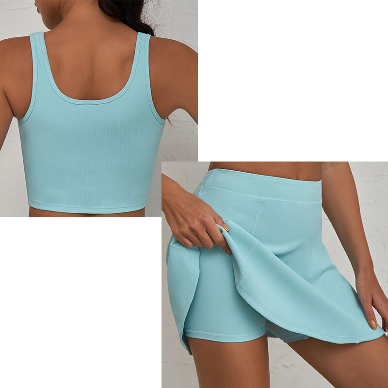 New Women's Ribbed Tight Yoga Vest, Breathable Half Skirt, Anti Glare Sports Pants Skirt, Fitness Suit Set