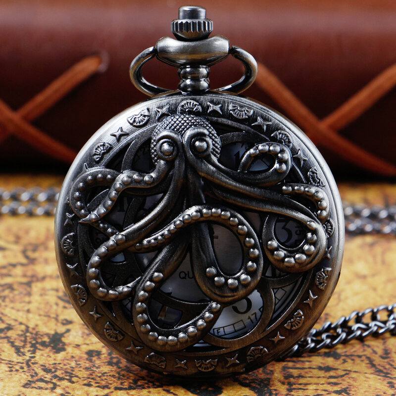 Octopus Hollow Quartz Pocket Watch, colar pingente, corrente FOB, antigo, relógio vintage, presentes unisex