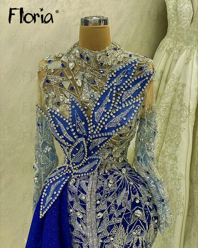 Middle East Muslim Blue Evening Dress Luxury 2023 Beading Wedding Party Gowns Plus Size Custom Made Prom Dresses for Weddings
