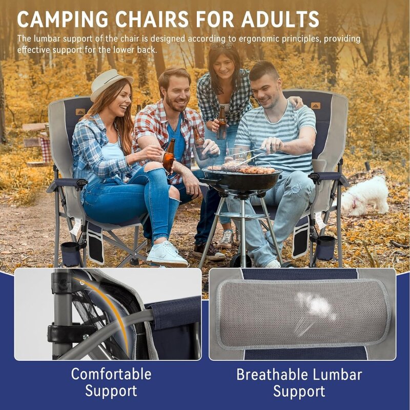 Ablazer Camping Chairs with Lumbar Support, Comfy Camping Chairs for Adults, Lawn Chairs Heavy Duty with Cooler Bag & Cup Holder