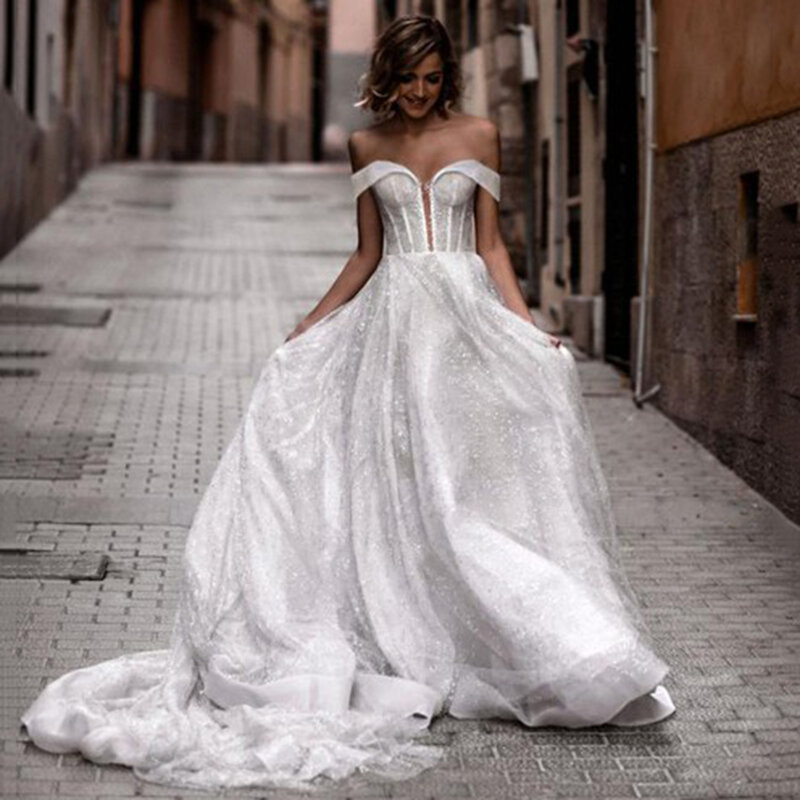LoveDress-Vestido de noiva princesa A, Sparkle Tulle, Off-ombro, vestido moderno da noiva querida, trem sem costas