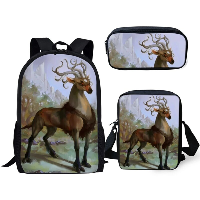 Sacos escolares 3D Deer Print, mochila para laptop, mochila, bolsa de ombro inclinado, estojo para lápis, pupila, moda clássica, novidade, 3 peças por conjunto