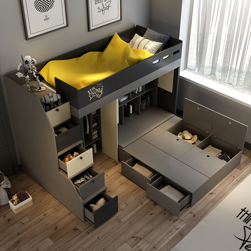 Cama madre multifuncional de estilo nórdico, armario moderno minimalista, caja alta, debajo de la cama, litera