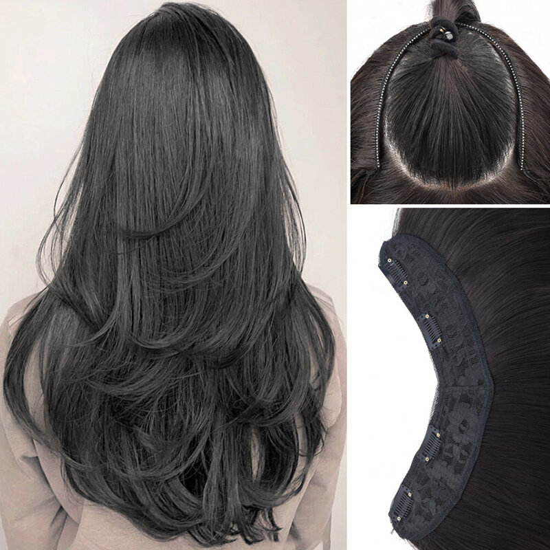 MSTN wig sintetik wanita, rambut panjang ekstra panjang ekstensi rambut berlapis bagian atas kepala meningkatkan rambut