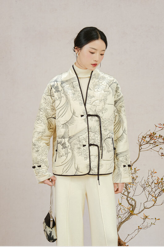 Manteau rembourré en coton de style national chinois pour femmes, vêtements d'hiver, broderie en velours complet, épais
