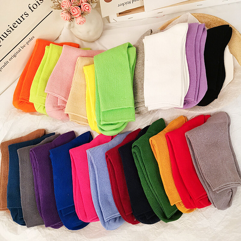 Meias monocromáticas coloridas para mulheres e meninas, 100% algodão, branco, preto, moda simples, venda quente, 20 cores