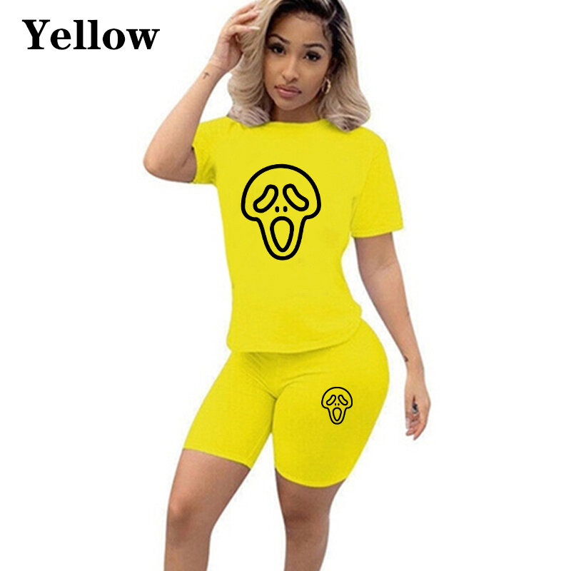 Women halloween Solid Sporting Casual Two Piece Set Short Sleeve Tee Top Biker Shorts Pants Suit Tracksuit Outfits