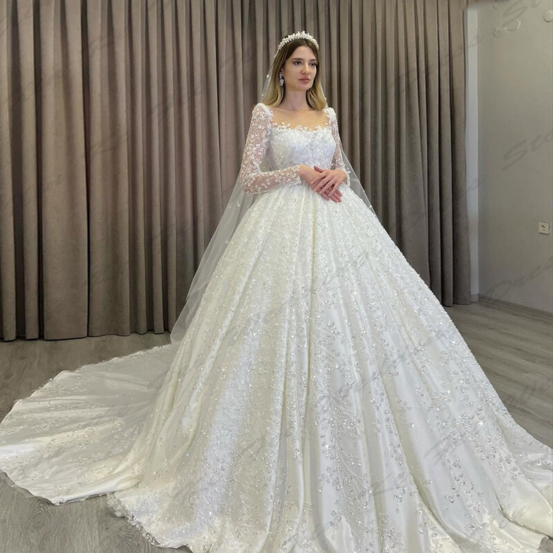 2024 Luxury Women's Wedding Dress Glitter Lace Applique Elegant Long Sleeved Arab Dubai Princess Bridal Gowns Formal Beach Party