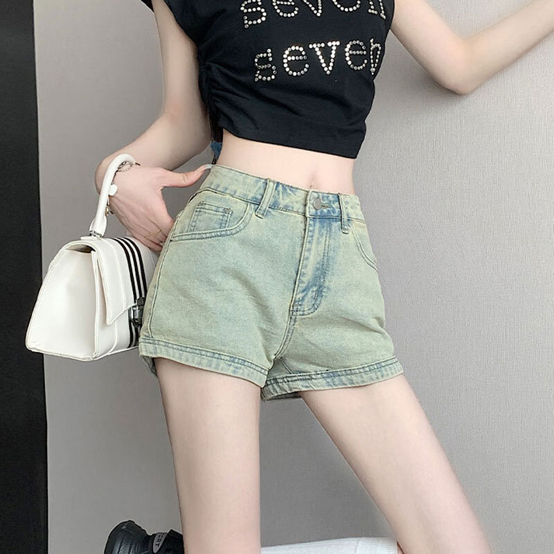 American stretch new zipper design pockets high-waisted straight washed yellow mud wide-leg hip jeans shorts female