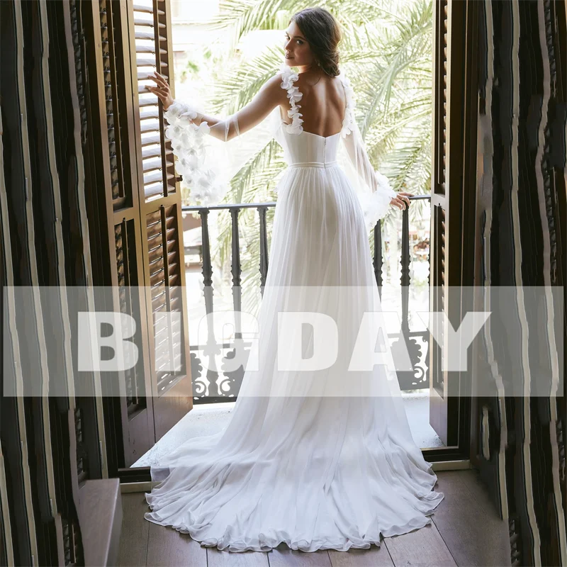 Robe de mariée élégante A-ligne pour femme, dos ouvert, manches longues, col en V, mousseline de soie fendue, fleur 3D, robe de patients, train de balayage