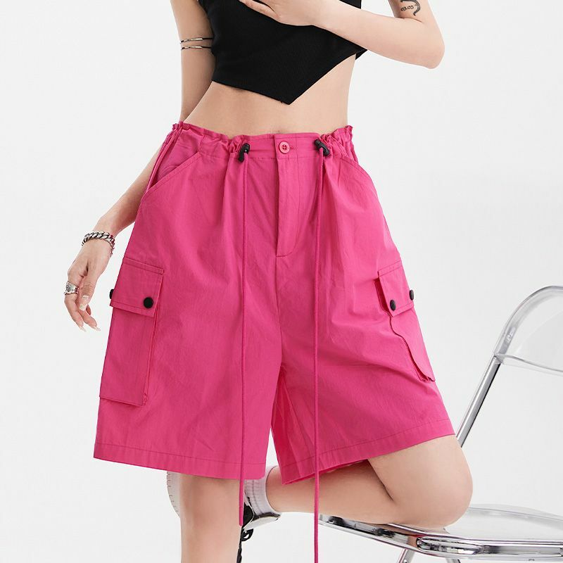 Fashion Zipper Button Lace Up Pockets Wide Leg Cargo Shorts Women's Clothing 2024 Summer New Loose High Waist Casual Shorts