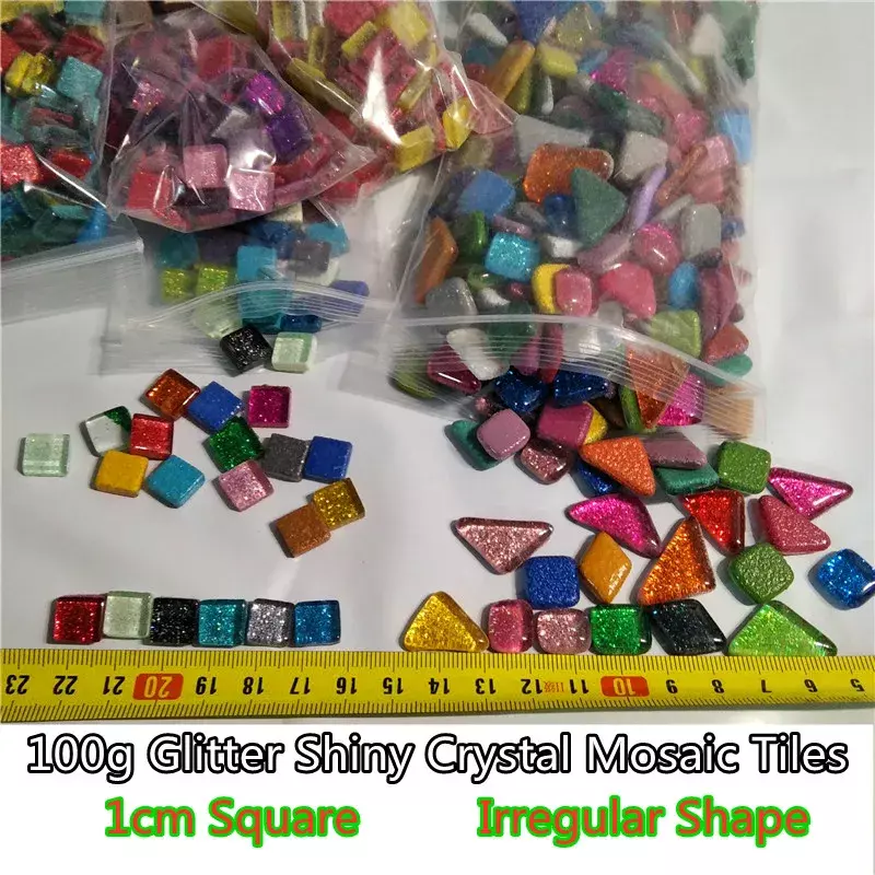 Azulejos de cristal tipo mosaico brillantes, 100g, 1cm, Cuadrado Vs Irregular, DIY, materiales de artesanía multicolor opcionales