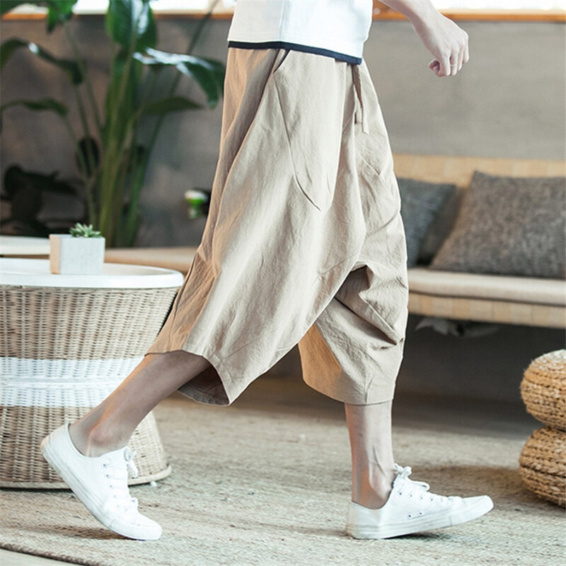 2024 letnie męskie spodnie haremowe w stylu Harajuku męskie spodnie w stylu Retro bawełna w stylu chińskim lniane spodenki męskie spodnie z jednolite, luźne łydek