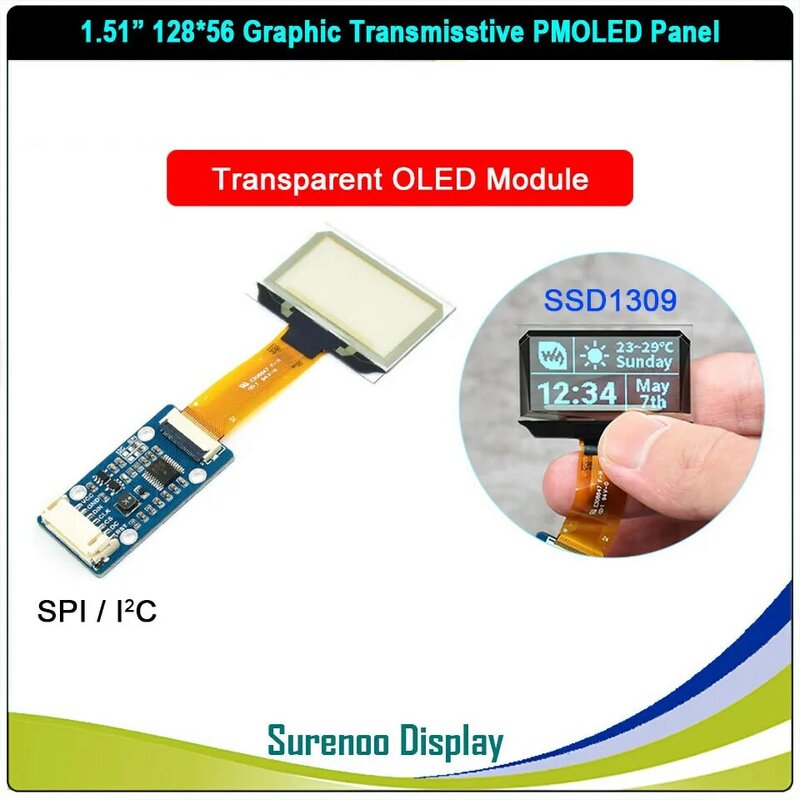 จริงจอแสดงผล OLED,1.51/1.54 "128*56 12856 12864กราฟิกโปร่งใส I2C IIC SPI PMOLED แผงจอแสดงผล LCD หน้าจอ SSD1309