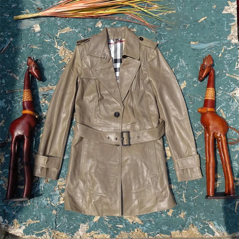 Jaqueta de couro genuíno feminina, casaco de pele de carneiro, cintura fashion, fina, elegante trincheira feminina, roupa natural, outono, nova