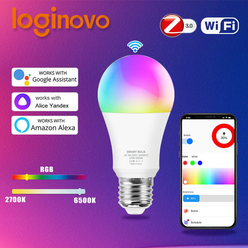 Loginovo-Lâmpada RGB Inteligente, Lâmpada LED, Zigbee 3.0, Wi-Fi, funciona com Alexa,Google Home, Alice Things, Alice, E27