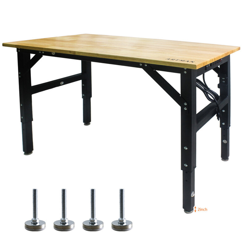Meja kerja dapat disesuaikan 48 inci, dengan Outlet daya meja kerja tugas berat 2000 LBS kapasitas beban meja kerja bengkel kayu keras