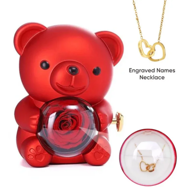 Caja de regalo de oso de peluche rosa eterna con Collar, caja de joyería giratoria, almacenamiento de boda de San Valentín, estuche de regalo para mujeres y novias