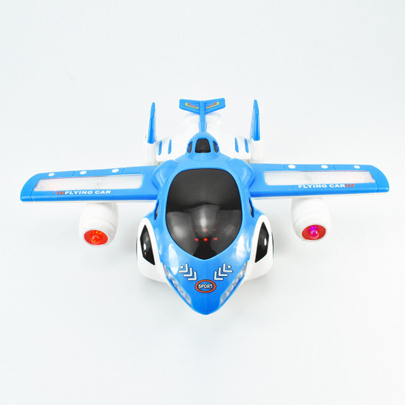 Mainan pesawat musik, hadiah liburan model pesawat terbang deformasi sayap penyebaran otomatis berputar 360