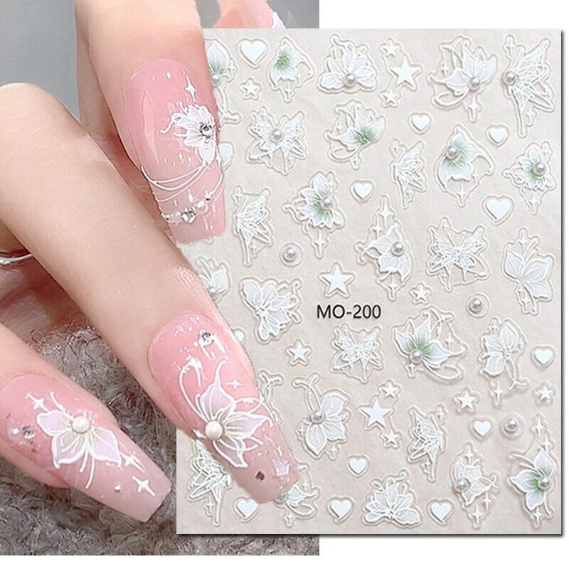 5d Reliëf Nail Art Stickers Witte Parels Semi-Transparante Bloemen Sterren Zelfklevende Sliders Nagel Stickers Decoratie Manicure