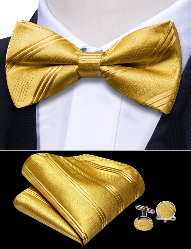 Barry WANG-男性用のエレガントなストライプの蝶ネクタイ,正方形のポケットが付いたシルクとゴールドの結婚式のアクセサリー