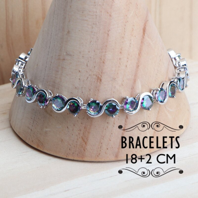 Conjuntos de joyas de plata de ley 925 para mujer, pendientes de circonita de arcoíris mágico Natural, anillo, pulsera, colgante, conjunto de collar para boda