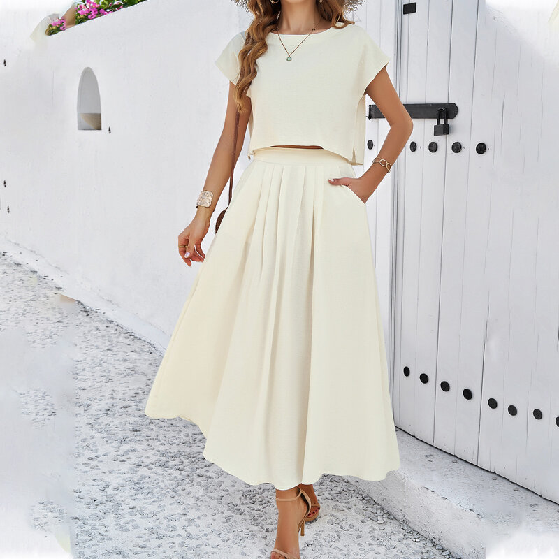 YEAE Casual czysty kolor z krótkim rękawem długa spódnica damska garnitur letnia gorąca moda damska długa spódnica garnitur w nowym 2024